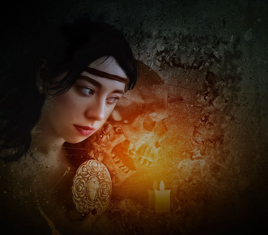 dona, al costat, ombra, crani, digital, fons de pantalla, fantasia, gòtic, fosc, fantasmagoria, retrat, retrat de fantasia, femella, jove, bellesa, model, mirall, vela, llum, misteri, misteriós, fantasma, Halloween, foscor, por, horror, horripilant, macabre, històries de fantasmes, fantasmal, una persona, dones, adult jove, adult, dones joves, dona guapa, estil retro, a l'interior, tirada al cap, moda, pentinat, mirant la càmera, vista frontal, roba, cabell, antiguitat, contemplació, 2K