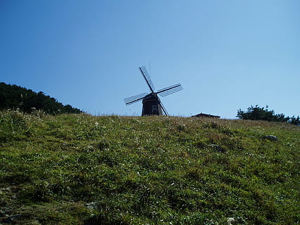 mulino a vento, S, collina, campo, paesaggio, scenario, natura, cielo, pace, energia, parco, combustibile e produzione di energia, energia rinnovabile, energia alternativa, conservazione dell'ambiente, ambiente, turbina eolica, energia eolica, turbina, pianta, mulino a vento tradizionale, terra, erba, cielo sereno, giorno, colore verde, scena rurale, nessuno, 1080P, CC0, dominio pubblico, privo di copyright
