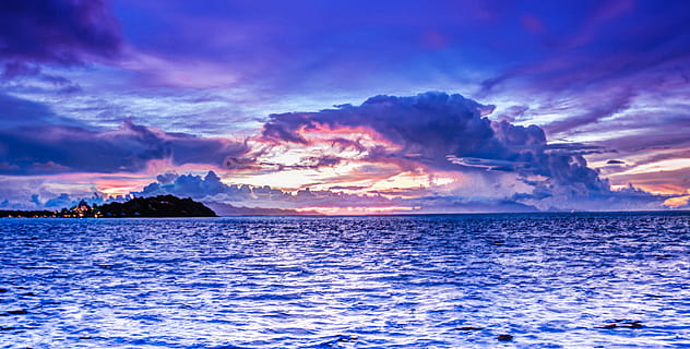 panoramisk, fotografering, havvand, blå, skyer, dagtimerne, Bora bora, solnedgang, himmel, ocean, ø, ferie, tropisk, tahiti, paradis, hav, sommer, luksus, trope, eksotisk, natur, landskab, marinemaleri, horisont, scene, vand, sky - himmel, skønhed i naturen, scenics - natur, jord, ro, miljø, skumring, dramatisk himmel, rolig scene, strand, tropisk klima, ingen mennesker, horisont over vand, udendørs, lagune, mættet farve, 5K, CC0, offentligt domæne, royaltyfrie