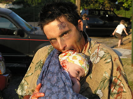 man, wearing, brown, floral, collard shirt, Zombie, Parade, Walking Dead, Costume, halloween, horror, dead, death, spooky, scary, zombies, monster, people, outdoors, men, car, headshot, adult, camping, day, real people, mode of transportation, motor vehicle, lifestyles, transportation, one person, child, sunlight, land vehicle, incidental people, focus on foreground, leisure activity, childhood, males, innocence, 2K, CC0, public domain, royalty free