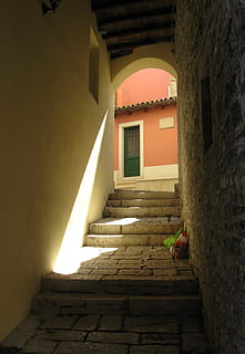 goal, door, hell, shadow, architecture, built structure, building, building exterior, staircase, direction, the way forward, no people, residential district, house, steps and staircases, day, window, arch, wall - building feature, entrance, arcade, outdoors, narrow, alley, courtyard, 2K, CC0, public domain, royalty free