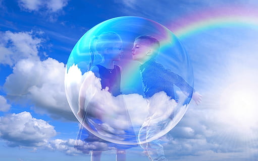 Junge, Mädchen küssen, Regenbogen Hintergrund, Wolken, Himmel, blauer Himmel, Kumuluswolken, Stimmung, Sommertag, Wolken bilden sich, Kinder, Profil, Person, Mensch, Wunder, aussehen, Lächeln, Augen, glücklich, Porträt, wunderschönen, jung, Freude, blond, Lachen, ziemlich, weiblich, Märchen, Elf, zaubern, Zauber, romantisch, Mystik, Mädchen, Kuss, Kuss Liebe, Liebe, liebend, Kinder lieben, erster Kuss, mystisch, Astronomie, Platz, sternenklarer Himmel, Star, Atmosphäre, Geist Raum, alles, Unendlichkeit, Illusion, unendlich, Fantasie, Science-Fiction, Schaffung, Gott, Göttlichkeit, Entstehung, Fotomontage, abstrakt, Urknall, Weltuniversum, menschliche Vorstellungskraft, Menschenkosmos, Mann Illusion, Regenbogen, bewölkter Himmel, weiße Wolken, Seifenblase, wolke - himmel, digitaler Verbund, Natur, in der Luft, Blau, Verbindung, Tag, futuristisch, transparent, Kindheit, eine Person, Blase, Planet Erde, draußen, Kugel, Technologie, Daten, dreidimensional, Cyberspace, 1080P
