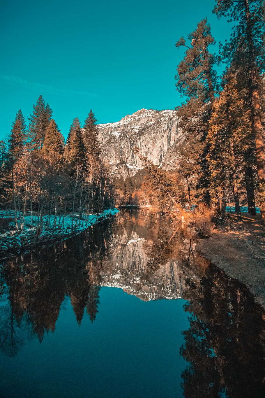 innsjø, omgitt, høy, trær, blå, himmel, kropp, vann, fjell, dagtid, skog, refleksjon, yosemite, parkere, tre, sommertid, fallende treet, tømmer, blå himmel, ro, natur, skjønnhet i naturen, naturskjønnhet - natur, anlegg, rolig scene, vannkanten, ingen folk, dag, ikke-urbane scene, høst, klar himmel, vekst, utendørs, endring, turkisfarget, 5K