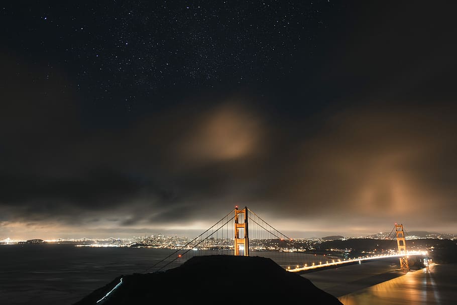 gylden, bro, nat tid, oplyst fjederbro, nat, Sky, stjerne, mørk, lys, by, san francisco, landskab, flod, sø, vand, Golden Gate bro, ocean, arkitektur, bygget struktur, himmel, belyst, transportmidler, forbindelse, sky - himmel, bro - menneskeskabt struktur, lang eksponering, rejsemål, hav, bygning udvendig, natur, hængebro, rejse, ingen mennesker, udendørs, Bugt, skyskraber, astronomi, bybilledet, 5K