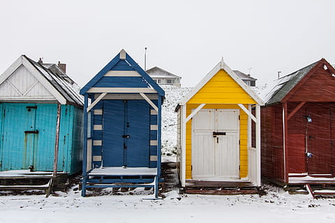winter-time scene, snow, covered, beach huts, kent coast, southern, england, Winter-time, scene, Kent, Coast, Southern England, various, winter, house, hut, outdoors, wood - Material, built Structure, no People, building Exterior, color Image, architecture And Buildings, architecture, cold temperature, day, building, nature, beach hut, sky, closed, land, copy space, row house, 4K