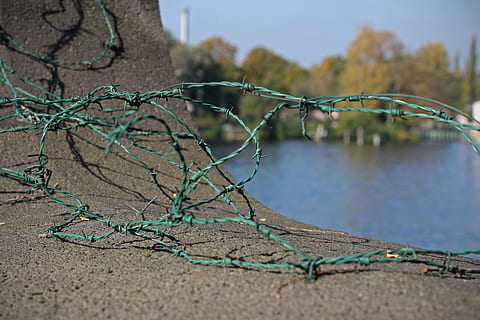 prikkeldraad, draad, metaal, veiligheid, grens, bescherming, risico, begrenzing, uitloper, tiefenschärfe, gevangenis, dom, hek, focus op de voorgrond, water, natuur, dag, geen mensen, detailopname, selectieve aandacht, land-, buitenshuis, strand, barrière, 5K, CC0, publiek domein, royaltyvrij