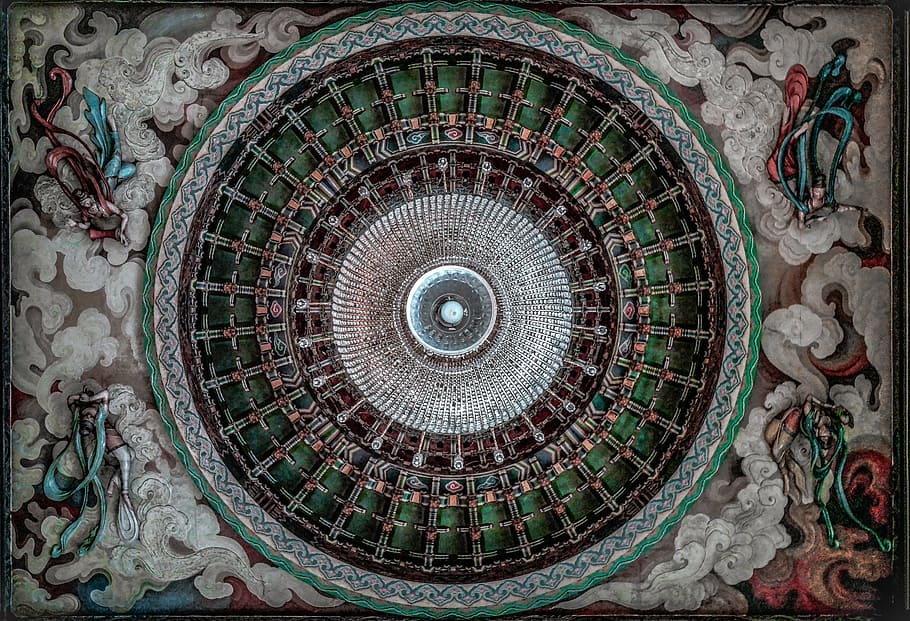 art, pintura, endins, disseny, a l'interior, interior, mosaic, arquitectura, estructura construïda, art i artesania, cap gent, cúpula, forma geomètrica, història, el passat, cercle, patró, forma, destinacions de viatge, sostre, ornamentat, edifici, creativitat, dia, directament a sota, mural, 5K