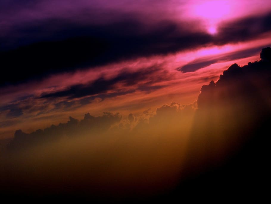 cel, núvol, posta de sol, boirina, la bruma, cel dramàtic, escenics, majestuós, naturalesa, espiritualitat, núvol - cel, bellesa a la natura, escenics - natura, tranquil·litat, escena tranquil·la, idíl·lic, cap gent, color taronja, cloudscape, silueta, por, medi ambient, a l'aire lliure, atmosfera, porpra, 2K
