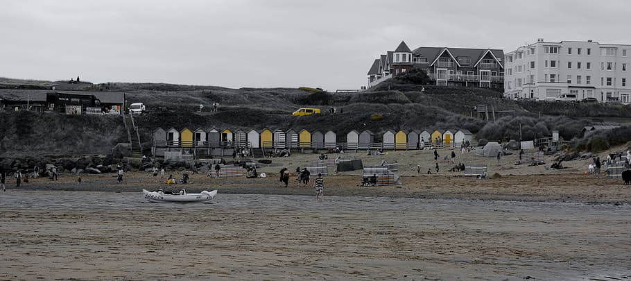 bude, platja, Cornwall, color selectiu, Costa, mar, festa, cornish, badia, Anglaterra, blau, blanc i negre, línia de costa, a l'aire lliure, dia, exterior de l'edifici, arquitectura, estructura construïda, aigua, destinacions de viatge, cel, naturalesa, ciutat, edifici, el passat, història, núvol - cel, transport, viatjar, turisme, manera de transport, persones incidentals, terra, 5K