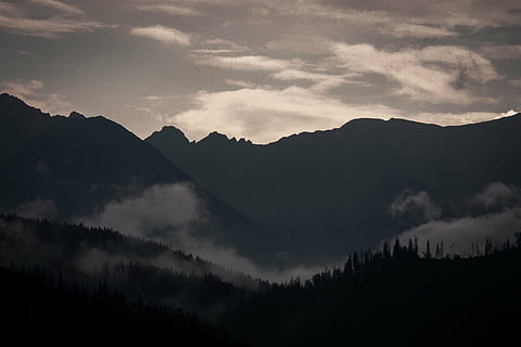 sziluett, erdő, sötét, ég, tájkép, fényképezés, napnyugta, mögött, hegy, fák, növény, felhők, természet, köd, hideg, scenics, szépség a természetben, nyugalom, szabadban, nyugodt jelenet, nem ember, felhő - ég, festmények - természet, fa, hegység, környezet, nem városi színtéren, föld, tűlevelű fa, fenyőfa, fenyőerdő, hegycsúcs, 4K