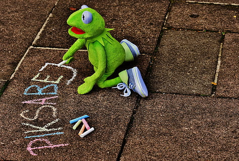 straßenkreide, typografiske fejl, Kermit, frø, kridt, maling, jord, pixabay, farverig, gade kridt, tegne, malet, tegning, maleri, blødt legetøj, udstoppet dyr, frøer, sjov, nuttet, skriftlig, skrifttype, repræsentation, barndom, Kunst og håndværk, legetøj, kreativitet, grøn farve, høj vinkel visning, dinosaurus, menneskelig repræsentation, dag, uddød, håndværk, multi farvet, sti, legetøjsdyr, udendørs, 5K, CC0, offentligt domæne, royaltyfrie