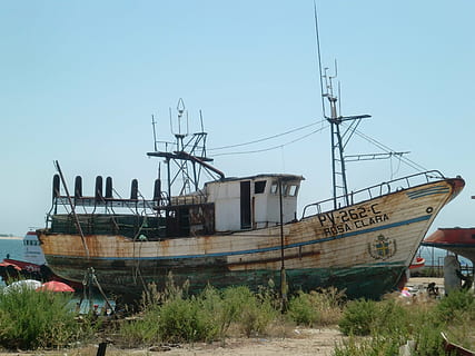 vaixell, arrencada, naufragis, inoxidable, trencat, vell, vaixell nàutic, mar, transport, material de fusta, cel, manera de transport, naturalesa, abandonat, dia, cel clar, cap gent, obsoleta, aixafar, deteriorament, espatllat, declivi, arquitectura, amarrat, terra, còpia espai, planta, a l'aire lliure, veler, indústria pesquera, vaixell de pesca, 2K, CC0, domini públic, lliure de regalies