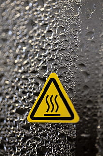 Warning, Hot, Drops, Lab, warning hot, yellow, warning sign, danger, day, outdoors, no people, sign, close-up, communication, shape, information, wall - building feature, textured, information sign, triangle shape, symbol, wet, safety, drop, nature, transportation, warning symbol, silver colored, 1080P, CC0, public domain, royalty free