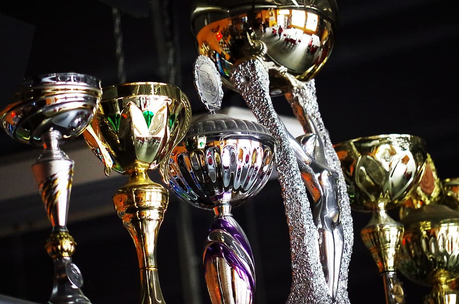 primer pla, foto, trofeus, endins, fosc, habitació, tasses, guanyador, competició, Trofeu, premi, brillant, èxit, cap gent, assoliment, a l'interior, reflexió, color plata, metall, guanyar, vidre, fons negre, gran grup d'objectes, variació, plata - metall, il·luminat, grup d'objectes, nit, luxe, 4K