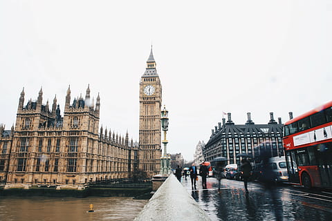 big ben, architecture, building, infrastructure, blue, sky, skyscraper, tower, city, urban, skyline, london, travel, landmark, building exterior, built structure, transportation, travel destinations, clock tower, incidental people, mode of transportation, tourism, nature, water, day, outdoors, government, double-decker bus, clock, spire, 5K, CC0, public domain, royalty free