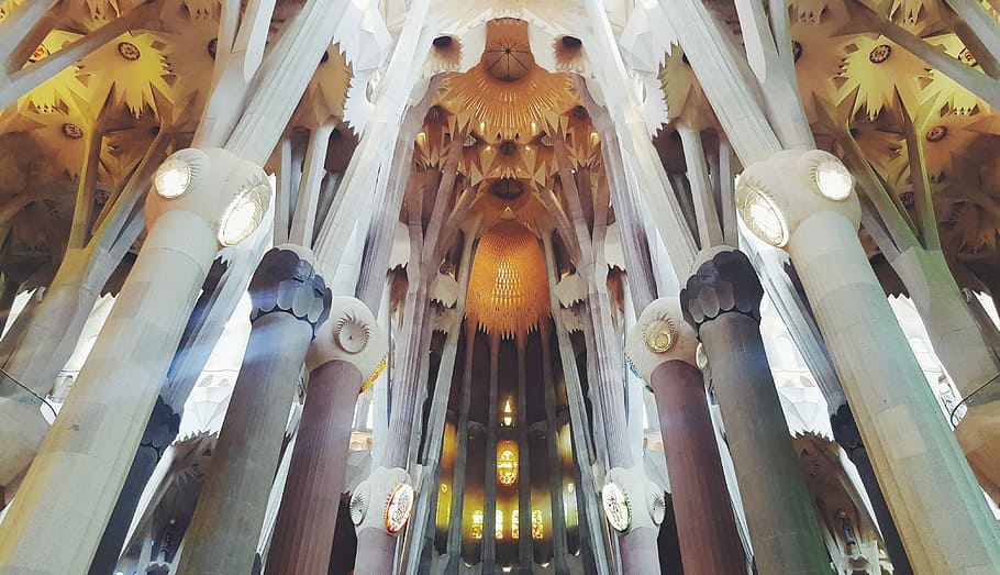 blanc, marró, concret, edifici, sostre, arquitectura, disseny, llums, tradicional, espanya, barcelona, llum, familium, sagrada, Església, catedral, vista d’angle baix, lloc de culte, espiritualitat, religió, creença, estructura construïda, a l'interior, cap gent, art i artesania, destinacions de viatge, columna arquitectònica, característica arquitectònica, altar, ornamentat, arquitectura i art, cúpula, 4K