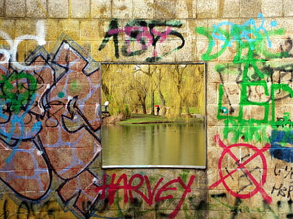 quadratisches Spiegelplakat, schwarz, Rahmen, regnerischer Tag, Fenster, durch schauen, Rand, Pavillon, Park, Frühling, Graffiti, Regenschirm, Wandfenster, See, Wasser, Landschaft, die Architektur, Gebäude, Kunst, bunt, Kreativität, Straßenkunst, gehen, bemalte Wand, Wand, sprühen, Mauerwerk, Farbe, Fassadenfarbe, Freiburg, Deutschland, Wandbau - Funktion, Text, Kunst und Handwerk, westliche Schrift, gebaute Struktur, Kommunikation, keine Leute, Ziegelwand, Backstein, mehrfarbig, Tag, Gebäudehülle, Grobheit, draußen, unordentlich, Wandgemälde, Botschaft, Kanal, 4K, CC0, gemeinfrei, lizenzfrei