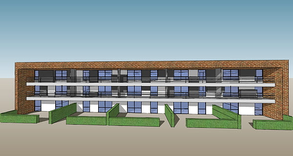 construção, renderizar, pintura, arquitetura, exterior do edifício, estrutura construída, cidade, céu, moderno, céu limpo, natureza, azul, ninguém, fachada, dia, cor verde, exterior do prédio de escritórios, copie o espaço, plantar, o negócio, ao ar livre, grama, apartamento, 2K, CC0, domínio público, royalty free