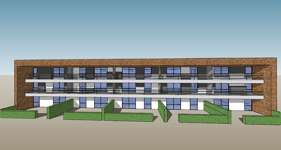 construção, renderizar, pintura, arquitetura, exterior do edifício, estrutura construída, cidade, céu, moderno, céu limpo, natureza, azul, ninguém, fachada, dia, cor verde, exterior do prédio de escritórios, copie o espaço, plantar, o negócio, ao ar livre, grama, apartamento, 2K