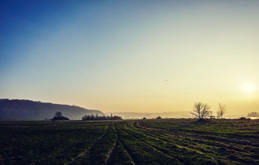 Grün, Rasenfläche, Blau, Himmel, Gras, Feld, Sonnenuntergang, Landschaft, ländlich, Landwirtschaft, ruhige Szene, szenen, ländliche Szene, Natur, Ruhe, Schönheit in der Natur, Umgebung, Land, Szenen - Natur, Pflanze, Morgen, Bauernhof, Sonne, keine Leute, Baum, draußen, 5K