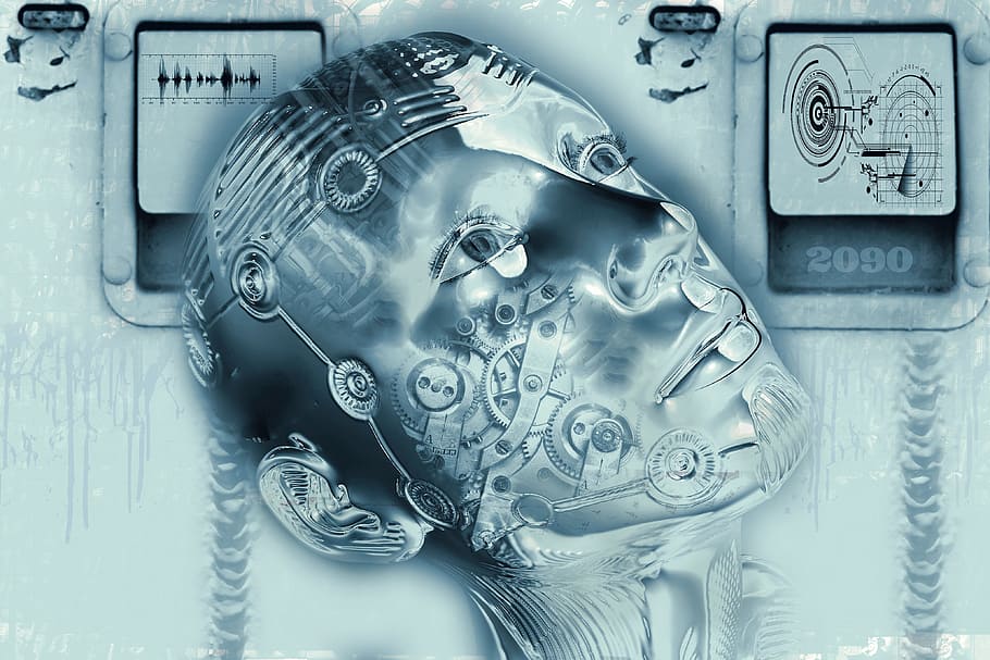 Humain, fond d'ordinateur, cyborg, vers l'avant, numérisation, robot, sci fi, femme, numérique, visage, argent, science fiction, futuriste, intelligence artificielle, La technologie, Android, robotique, artificiel, machine, mécaniquement, femelle, métal, Composants, machinerie, partie machine, fermer, personne, équipement, industrie, bleu, moteur, transport, à l'intérieur, mode de transport, brillant, affaires, plein cadre, couleur argentée, acier, modèle, alliage, complexité, 4K