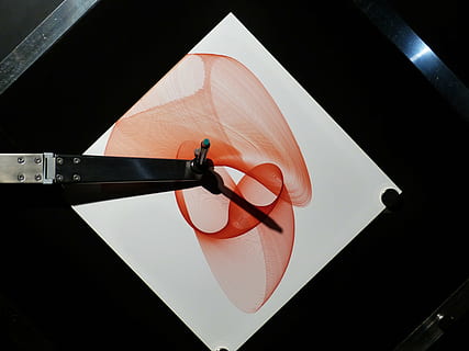 harmonograph, art, artwork, red, lines, aesthetics, mechanical device, device, mechanically, overlay, harmonious, vibration, graphic, frequency, closed curve, curve graph, lissajous figure, phase shift, vibration units, ellipses, indoors, close-up, no people, studio shot, knife - weapon, metal, sunlight, single object, nature, security, sharp, pattern, black background, blood, social issues, art and craft, 4K, CC0, public domain, royalty free