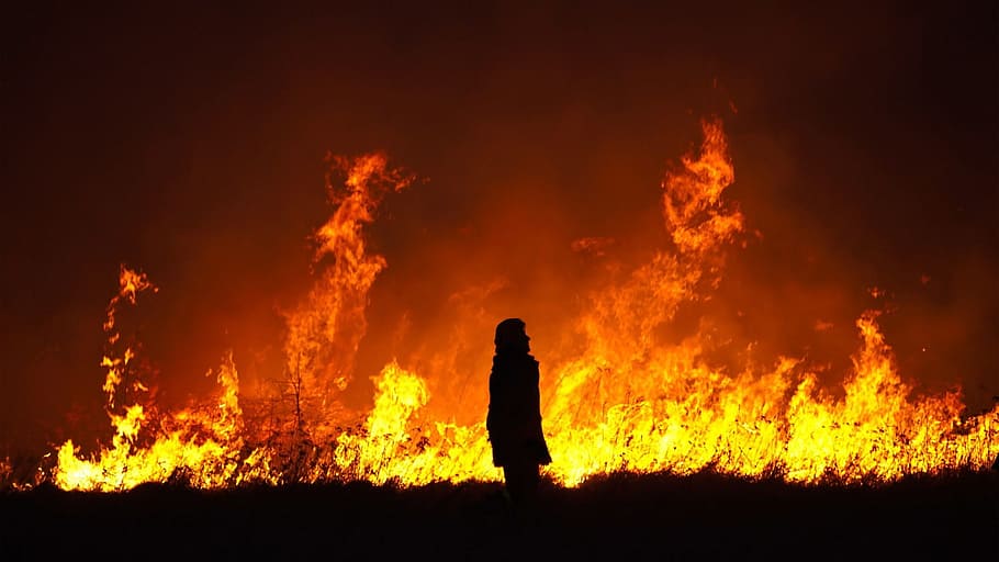 fuoco, Senza paura, cappuccio, inferno, ardente, fuoco - fenomeno naturale, calore - temperatura, fiamma, cartello, segnale di pericolo, notte, comunicazione, natura, incidenti e disastri, silhouette, in piedi, occupazione, una persona, pompiere, fumo - struttura fisica, all'aperto, tre quarti, 1080P
