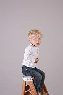 boy, smiling, sitting, stool, careful, balanced, male, childhood, school, cute, looking, healthy, child, boys, caucasian Ethnicity, one Person, people, cheerful, fun, blond Hair, small, casual clothing, indoors, males, full length, studio shot, men, innocence, copy space, looking at camera, gray, three quarter length, hair, hairstyle, 4K, CC0, public domain, royalty free