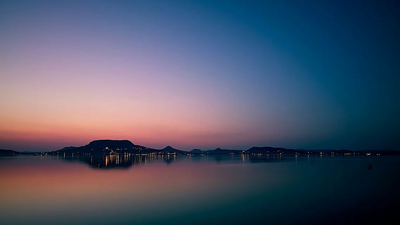 beach, clear sky, dawn, dusk, lights, mountains, ocean, outdoors, reflection, sea, seascape, silhouette, sky, sunrise, sunset, water, night, mountain, nature, scenics - nature, tranquility, architecture, beauty in nature, no people, tranquil scene, copy space, blue, city, building exterior, purple, 1080P