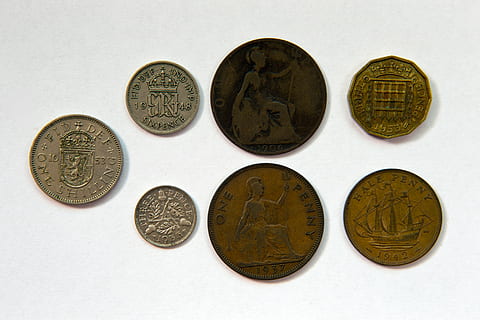 british coinage, reverse faces, pre-decimalisation, soiled, circulated, coin, white background, group of objects, no people, indoors, finance, studio shot, business, close-up, metal, currency, number, variation, geometric shape, choice, wealth, directly above, circle, cut out, silver colored, ancient civilization, 5K, CC0, public domain, royalty free