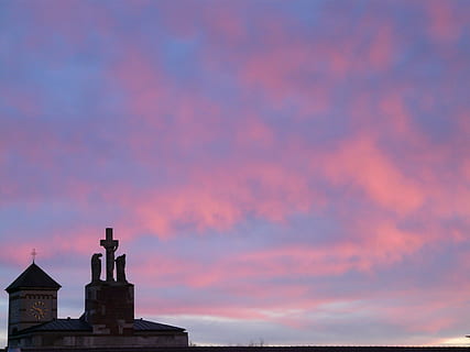 Sonnenuntergang, Wolken, Nachglühen, Kirche, Himmel, abendstimmung, Romantik, Statue, Engel, Glauben, wolke - himmel, Dämmerung, Wolkengebilde, Turm, Gebäudehülle, die Architektur, draußen, gebaute Struktur, keine Leute, Gebäude, Natur, orange Farbe, Schönheit in der Natur, Silhouette, Szenen - Natur, Religion, Meer, pinke Farbe, Spiritualität, hoher Abschnitt, lila, 2K, CC0, gemeinfrei, lizenzfrei