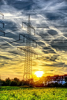solnedgang, Strommast, nuværende, strømkabel, køreledning, kabel, energi, Elektrik, Strømforsyning, hjem, byblok, lejligheder, hdr, højt dynamisk område, øvre linjer, himmel, skyer, tusmørke, sky - himmel, elektricitet, teknologi, el-pylon, brændstof og elproduktion, Mark, orange farve, miljø, jord, natur, forbindelse, landskab, ingen mennesker, skønhed i naturen, plante, udendørs, elektrisk udstyr, 5K, CC0, offentligt domæne, royaltyfrie