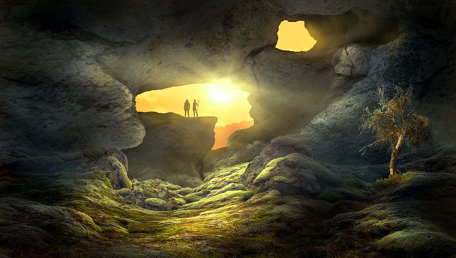 silueta, dos, homes, rock, daurat, hores, digital, il·lustració, fantasia, paisatge, cova, sol, llum, humà, místic, naturalesa, contes de fades, atmosfera, romàntic, atmosfèric, composició, humor, muntatge fotogràfic, somni, il·luminació, misteriós, màgia, escena, món dels somnis, Conte de fades, imatge de fantasia, fantàstic, llum solar, surrealista, màgic, bonic, idíl·lic, boirina, arbre, reportat, herba, mirant, forat, descans, contrast, llum de fons, rock - object, sòlid, formació de roca, geografia física, il·luminat, destinacions de viatge, geologia, bellesa a la natura, viatjar, muntanya, cap gent, tranquil·litat, arquitectura, a l'aire lliure, escena no urbana, raig de sol, flare de la lent, 4K