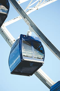 modrý, bílý, ferris, kolo, modré a bílé, Ruské kolo, nebe, venku, přeprava, technologie, nízký úhel pohledu, čisté nebe, stavba, den, Příroda, architektura, kov, nikdo, slunečního světla, sdělení, osvětlovací zařízení, zábavní park, exteriér budovy, jízda zábavním parku, město, umělecká kultura a zábava, spojení, 5K, CC0, veřejná doména, bez autorských práv