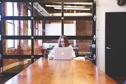 woman, white, long-sleeved, shirt, using, macbook, student, typing, keyboard, text, startup, business, people, students, office, strategy, work, technology, company, corporate, communication, young, plan, marketing, computer, design, professional, planning, internet, project, laptop, presentation, web, display, monitor, women, girls, screen, digital, electronic, pc, modern, wireless technology, front view, indoors, one person, portrait, table, sitting, connection, real people, smiling, looking at camera, using laptop, flooring, wood, 2K, CC0, public domain, royalty free