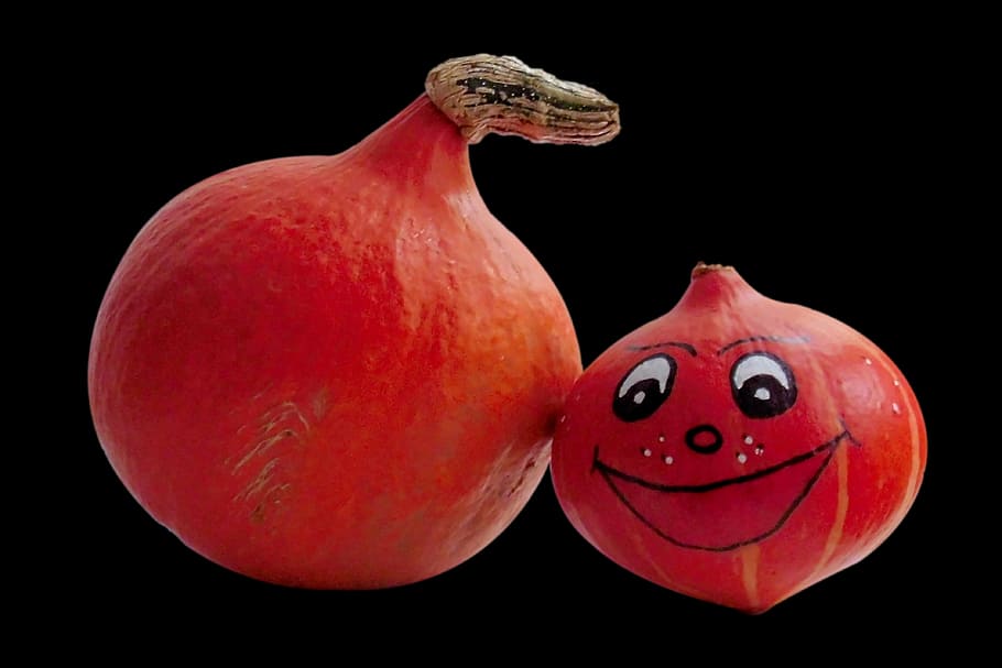 Kürbisse, Kürbis, Gemüse, Orange, Lebensmittel, Herbstmotive, schwarzer Hintergrund, Studioaufnahme, rot, Essen und Trinken, Humor, Kreativität, drinnen, keine Leute, anthropomorph, Spaß, Gesicht, Halloween, Nahansicht, anthropomorphes Gesicht, Kunst und Handwerk, lächelnd, Feier, gesundes Essen, 4K
