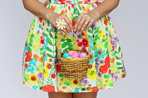 dress, holding, basket, Woman, Easter Eggs, various, easter, egg, eggs, flower, flowers, women, people, one Person, females, human Hand, multi colored, midsection, food, food and drink, studio shot, indoors, container, hand, front view, human body part, sweet food, freshness, white background, floral pattern, temptation, 4K, CC0, public domain, royalty free