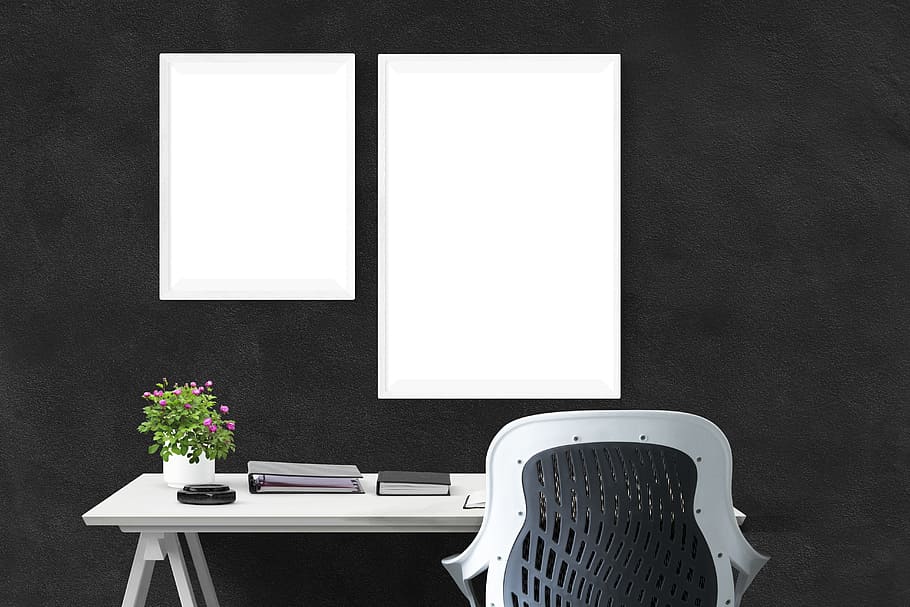blanc, negre, butaca, fusta, escriptori, pòster, paret, maqueta, interior, marc, burla, galeria, tela, realista, taula, planta, planta amb flors, a l'interior, flor, cap gent, Color blanc, mobles, cadira, seient, negocis, naturalesa, buit, còpia espai, absència, natura morta, material de fusta, arranjament, en blanc, 5K