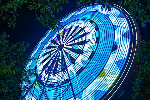 berlampu, ferris, roda, fotografi sudut rendah, malam, bulat, biru, putih, naik, di samping, hijau, Daun-daun, kincir ria, pola, segitiga, lingkaran, Jepang, kasai, Tokyo, Taman Hiburan, naik taman hiburan, pohon, budaya seni dan hiburan, tidak ada orang, menanam, alam, multi-warna, bentuk geometris, besar, pemintalan, bentuk, tampilan sudut rendah, di luar rumah, Arsitektur, lapang, 5K, CC0, domain publik, bebas royalti