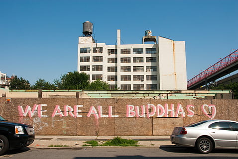 bianca, calcestruzzo, costruzione, giorno, graffiti del muro di buddha, graffiti, parete, Messaggio, testo, Budda, blu, New York, brooklyn, speranza, cielo sereno, urbano, architettura, esterno dell'edificio, struttura costruita, veicolo a motore, auto, mezzi di trasporto, modo di trasporto, sceneggiatura occidentale, veicolo terrestre, cartello, città, cielo, nessuno, comunicazione, strada, natura, 4K, CC0, dominio pubblico, privo di copyright