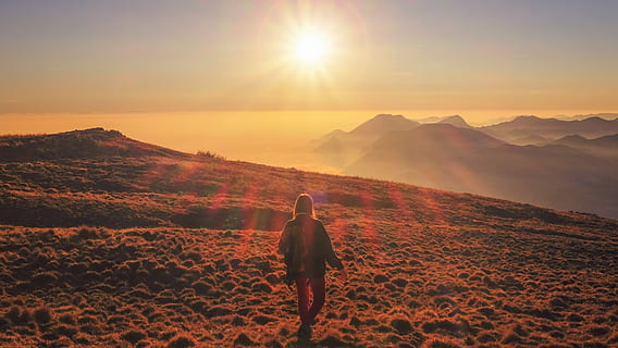 donna, a piedi, analizzare, cercare, guardare, sole, tramonto, natura, all'aperto, persone, una persona, luce del sole, cielo, uomini, silhouette, la libertà, montagna, alba - alba, donne, adulto, estate, stili di vita, paesaggio, retrovisore, bellezza nella natura, attività di svago, scenics - natura, in piedi, idilliaco, lunghezza intera, ambiente, la tranquillità, viaggio, persone reali, riflesso lente, catena montuosa, guardando a vista, 4K, CC0, dominio pubblico, privo di copyright