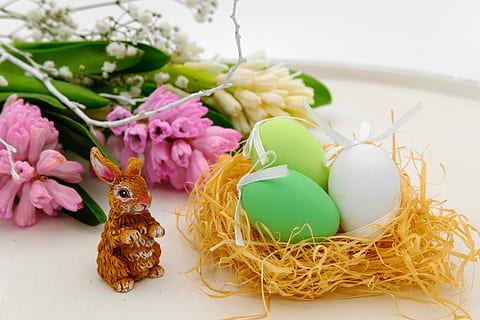 brown bunny figurine, easter eggs, egg, nest, easter nest, easter, hare, easter bunny, hyacinth, spring, flowers, map, osterkarte, easter greeting, celebration, holiday, decoration, easter egg, plant, food, flower, flowering plant, nature, event, food and drink, multi colored, no people, holiday - event, springtime, animal, religion, 5K, CC0, public domain, royalty free