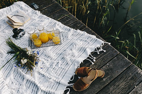 lakeshore, Picnic, summer, resting, relax, book, time, food, morning, healthy, lake, wooden pier, pier, orange juice, blanket, break, holidays, vacations, eating, camera, wood - Material, nature, no People, table, outdoors, high angle view, newspaper, food and drink, day, fruit, healthy eating, plant, freshness, drink, still life, flower, leaf, refreshment, flowering plant, household equipment, paper, glass, 4K