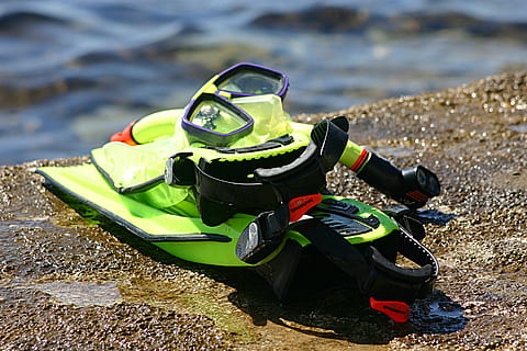 green, snorkel gear, concrete, sea, snorkle, dive, explore, mask, flippers, gear, water sports, swim, summer, colorful, set, underwater, snorkeling, water, sport, nature, day, adventure, recreational pursuit, beach, leisure activity, activity, outdoors, motion, people, land, extreme sports, aquatic sport, scuba diving, lifestyles, 2K, CC0, public domain, royalty free