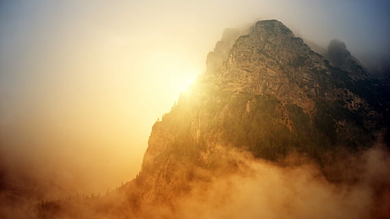 grijs, rotsachtig, berg-, bomen, gouden, uurfoto, landschapsfotografie, uur, Alpen, Bos, hemel, zon, mist, natuur, zonsondergang, milieu, solide, scenics - natuur, zonlicht, schoonheid in de natuur, land-, rots, kalmte, rock - object, rustige scène, boom, ochtend-, landschap, buitenshuis, geen mensen, bergtop, 2K, CC0, publiek domein, royaltyvrij