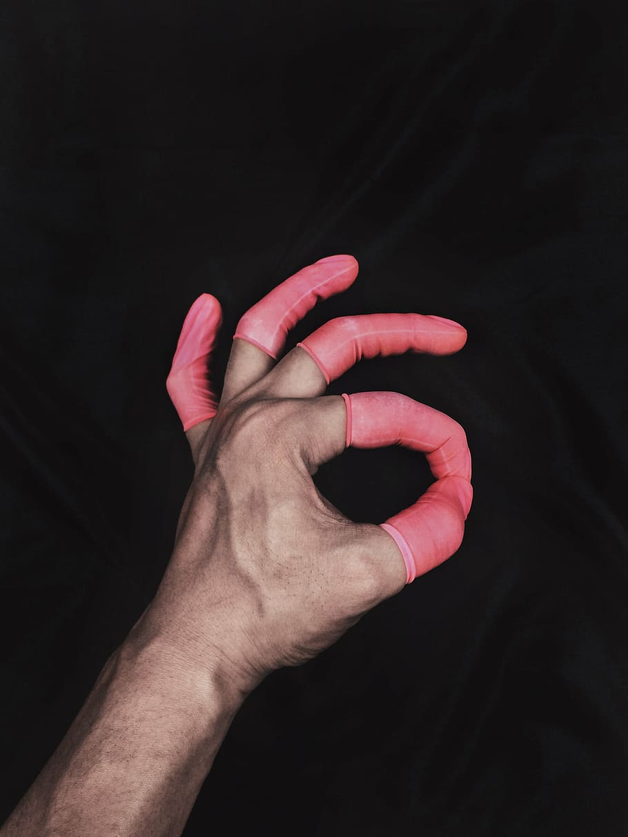 adult, aid, black, body, cover, dark, gesture, hand, hands, ok, pink, skin, touch, veins, human Hand, people, human body part, studio shot, one person, close-up, black background, indoors, body part, red, human finger, finger, personal perspective, real people, nail polish, lifestyles, men, nail, human limb, 2K