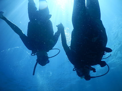 busseig, bussejadors, parell, amor, aigua, sota l'aigua, esport aquàtic, submarinisme, mar, aventura, exploració, submarí, esport, nedar, equip de busseig, activitat d'oci, homes, persones reals, naturalesa, gent, dues persones, persona irreconeixible, estils de vida, vestit de busseig, busseig submarí, 4K, CC0, domini públic, lliure de regalies