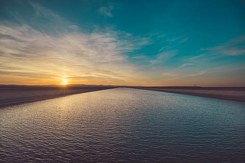 ocean, gylden, time, panoramisk, Foto, legeme, vand, solnedgang, baggrund, skumring, himmel, skyer, flod, landskab, skønhed i naturen, scenics, ro, rolig scene, natur, afspejling, idyllisk, scenics - natur, hav, sky - himmel, horisont, ingen mennesker, blå, ikke-urbane scene, jord, udendørs, miljø, sol, horisont over vand, lagune, 5K, CC0, offentligt domæne, royaltyfrie