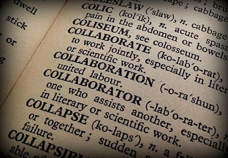 white book, collaboration, collaborator, book, dictionary, words, communication, single Word, text, page, data, no people, paper, western script, close-up, indoors, number, sign, publication, food, food and drink, information, education, healthcare and medicine, backgrounds, 1080P, CC0, public domain, royalty free