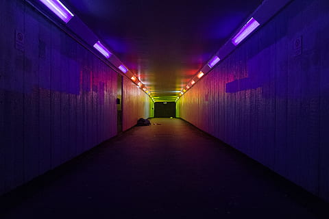 passadís, ultraviolada, llum, carreró, porpra, llums, llum ultraviolada, a l'interior, cap gent, fosc, il·luminat, equips d’il·luminació, el camí a seguir, arquitectura, direcció, perspectiva decreixent, arcade, edifici, estructura construïda, túnel, funció de construcció de parets, sostre, llum elèctrica, buit, transport, sendera, llum fluorescent, llarg, pas inferior, 2K, CC0, domini públic, lliure de regalies